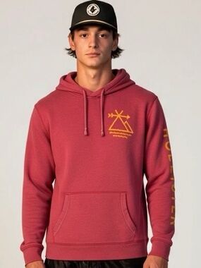 Hollister Red Camping Hoodie Yellow Embroidered Teepee Mountain Puff Print Sz S